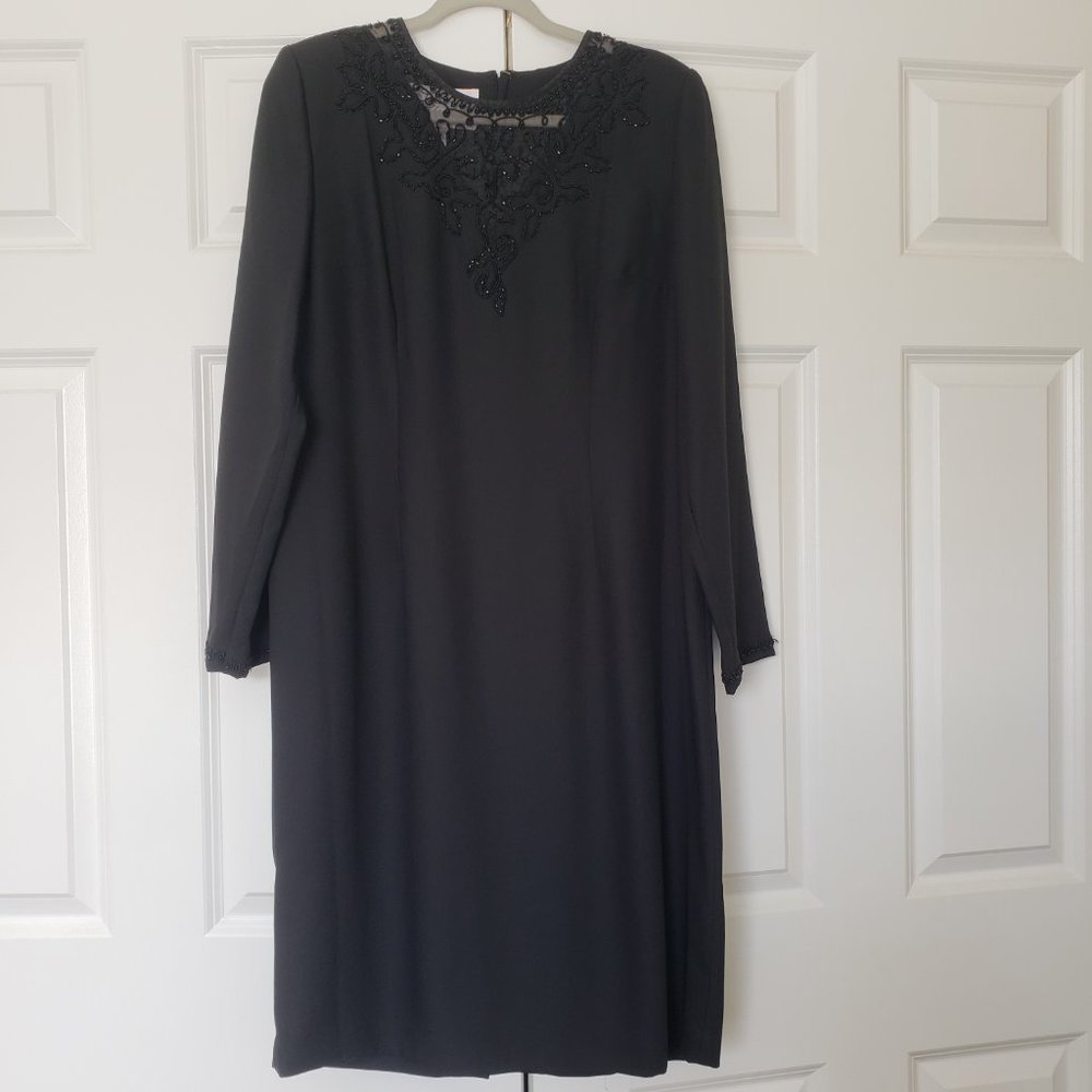 Black shift dress with beaded neckline long sleeve vintage size 12